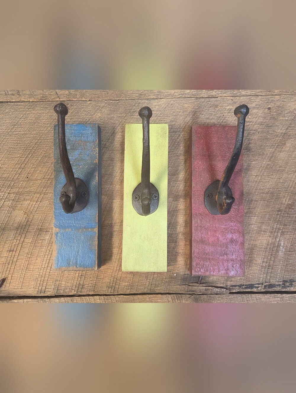 3-Piece Farmhouse Wood & Cast Iron Wall Hooks - Distressed Red, Blue, & Yellow